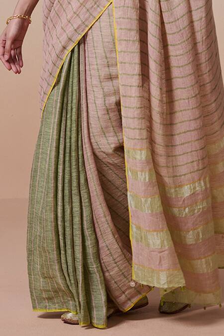 Dressfolk Beige Linen Half And Green Handloom Saree With Running Blouse at Aza Fashions Dressfolk_Beige Linen Half And Green Handloom Saree With Running Blouse_at_Aza_Fashions