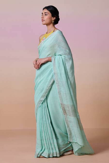 Dressfolk_Sky Blue Handloom Cotton Zari Linen Saree With Running Blouse_Online_at_Aza_Fashions