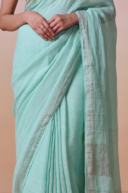 Shop_Dressfolk_Sky Blue Handloom Cotton Zari Linen Saree With Running Blouse_Online_at_Aza_Fashions