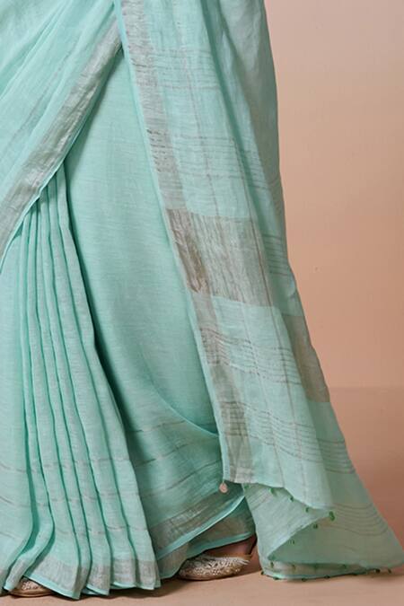 Dressfolk_Sky Blue Handloom Cotton Zari Linen Saree With Running Blouse_at_Aza_Fashions