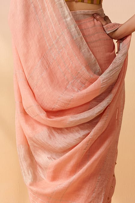 Dressfolk_Peach Handloom Cotton Zari Linen Saree With Running Blouse_Online_at_Aza_Fashions