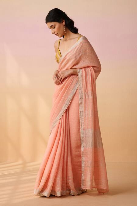 Buy_Dressfolk_Peach Handloom Cotton Zari Linen Saree With Running Blouse_Online_at_Aza_Fashions