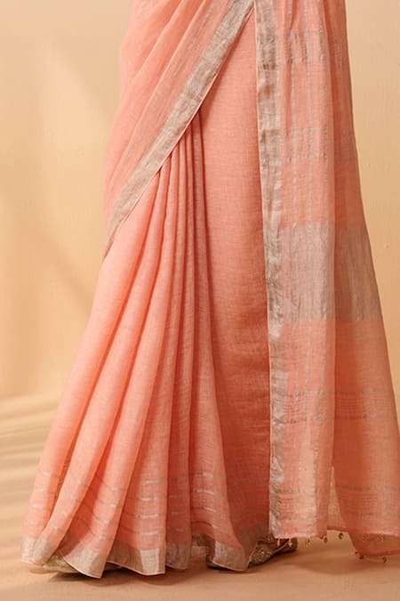 Dressfolk_Peach Handloom Cotton Zari Linen Saree With Running Blouse_at_Aza_Fashions