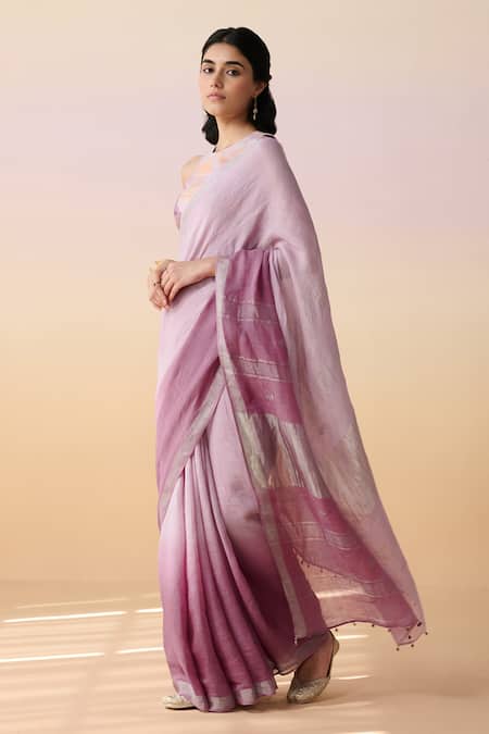 Dressfolk_Purple Handloom Cotton Ombre Linen Saree _Online_at_Aza_Fashions