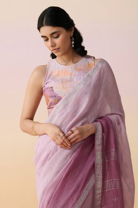 Shop_Dressfolk_Purple Handloom Cotton Ombre Linen Saree _Online_at_Aza_Fashions