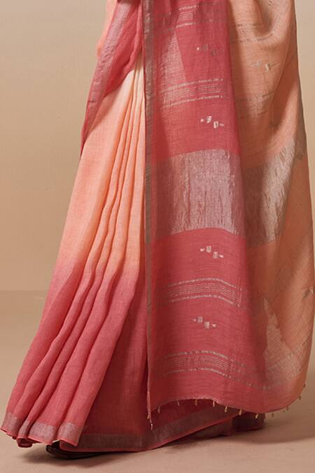 Dressfolk_Pink Handloom Cotton Ombre Linen Saree Set With Running Blouse_Online_at_Aza_Fashions