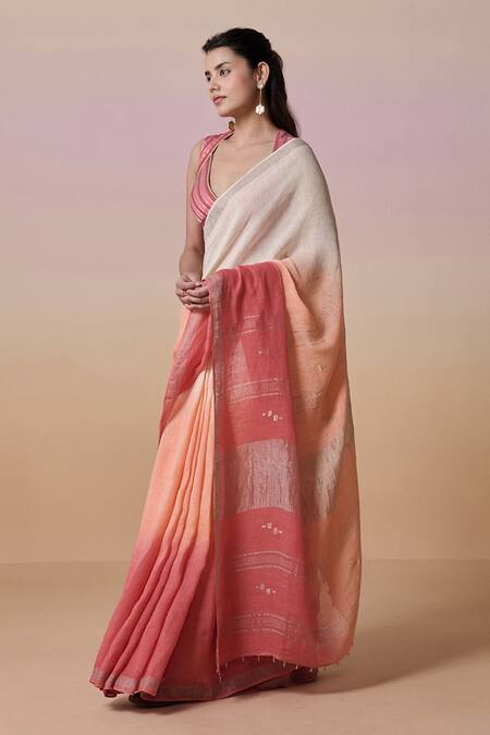 Buy_Dressfolk_Pink Handloom Cotton Ombre Linen Saree Set With Running Blouse_Online_at_Aza_Fashions
