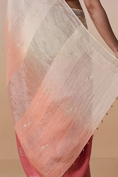 Dressfolk_Pink Handloom Cotton Ombre Linen Saree Set With Running Blouse_at_Aza_Fashions