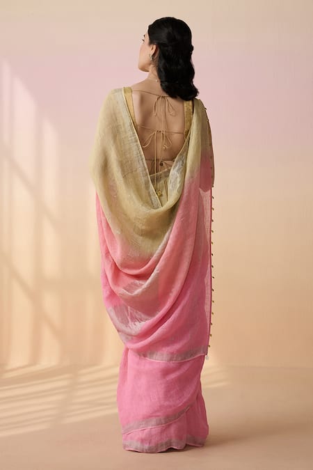Shop Dressfolk Peach Handloom Cotton Ombre Linen Saree With Running Blouse at Aza Fashions Shop_Dressfolk_Peach Handloom Cotton Ombre Linen Saree With Running Blouse_at_Aza_Fashions