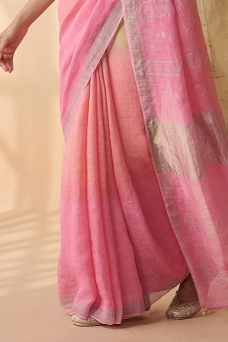 Dressfolk Peach Handloom Cotton Ombre Linen Saree With Running Blouse Online at Aza Fashions Dressfolk_Peach Handloom Cotton Ombre Linen Saree With Running Blouse_Online_at_Aza_Fashions