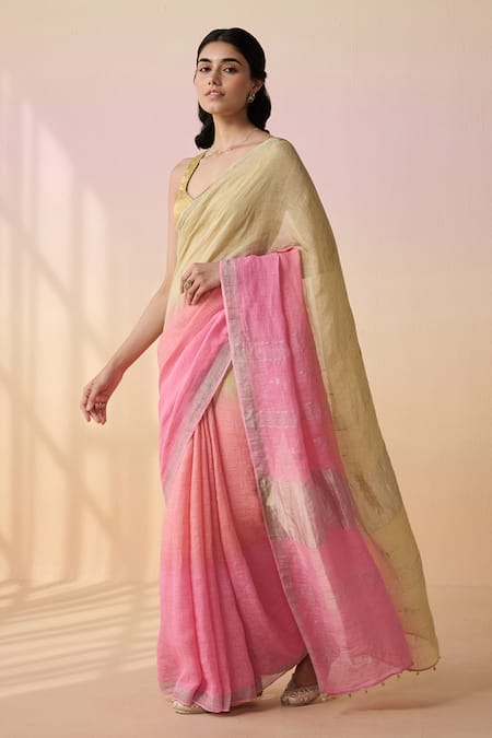 Shop Dressfolk Peach Handloom Cotton Ombre Linen Saree With Running Blouse Online at Aza Fashions Shop_Dressfolk_Peach Handloom Cotton Ombre Linen Saree With Running Blouse_Online_at_Aza_Fashions