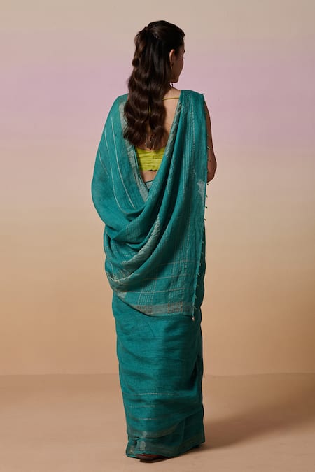 Dressfolk Teal Blue Handloom Linen Saree 