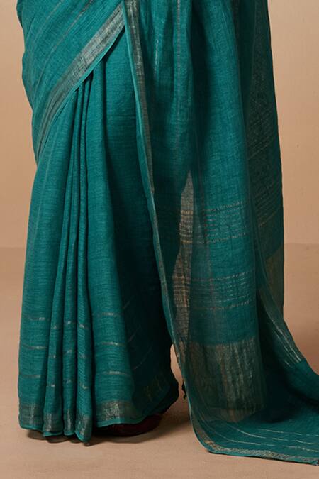 Dressfolk_Teal Handloom Cotton, Linen Zari Saree With Running Blouse_Online_at_Aza_Fashions