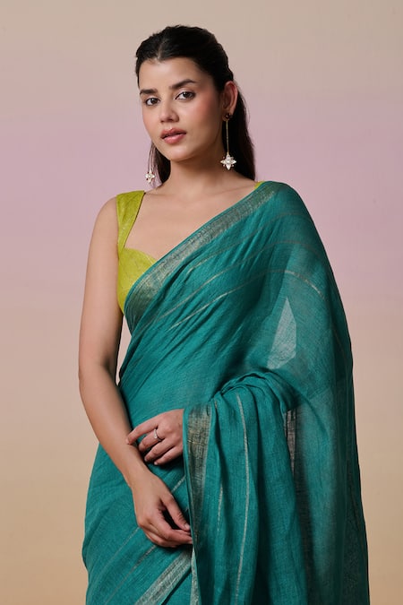 Buy_Dressfolk_Teal Handloom Cotton, Linen Zari Saree With Running Blouse_Online_at_Aza_Fashions