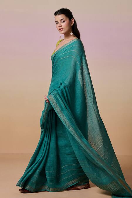 Shop_Dressfolk_Teal Handloom Cotton, Linen Zari Saree With Running Blouse_Online_at_Aza_Fashions