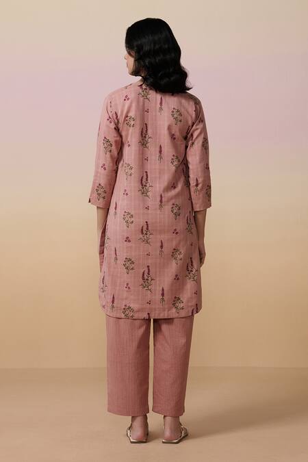 Shop Dressfolk Pink Cotton Open Neck Floral Hand Block Printed Kurta Set at Aza Fashions Shop_Dressfolk_Pink Cotton Open Neck Floral Hand Block Printed Kurta Set_at_Aza_Fashions