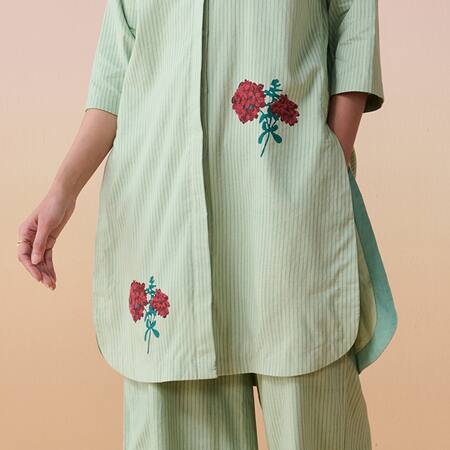 Dressfolk_Mint Cotton Embroidery Round Neck Blue Floral Block Print Kurta Set_Online_at_Aza_Fashions