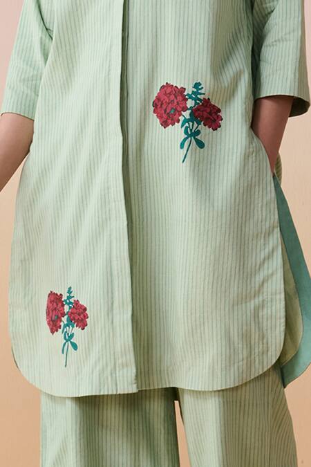 Dressfolk_Mint Cotton Embroidery Round Neck Blue Floral Block Print Kurta Set_at_Aza_Fashions