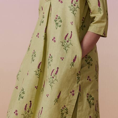 Dressfolk Green Linen, Cotton Collared Sage Floral Print Kurta Set Online at Aza Fashions Dressfolk_Green Linen, Cotton Collared Sage Floral Print Kurta Set_Online_at_Aza_Fashions