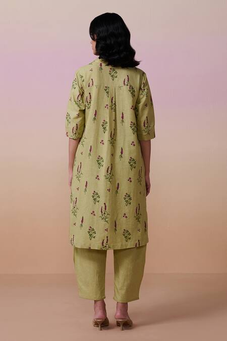Shop Dressfolk Green Linen, Cotton Collared Sage Floral Print Kurta Set at Aza Fashions Shop_Dressfolk_Green Linen, Cotton Collared Sage Floral Print Kurta Set_at_Aza_Fashions