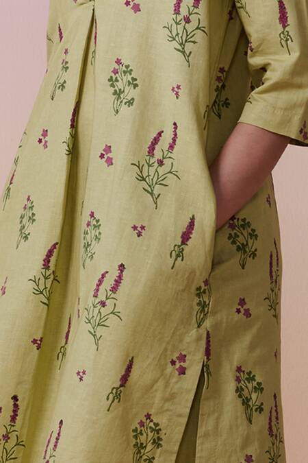 Dressfolk Green Linen, Cotton Collared Sage Floral Print Kurta Set at Aza Fashions Dressfolk_Green Linen, Cotton Collared Sage Floral Print Kurta Set_at_Aza_Fashions