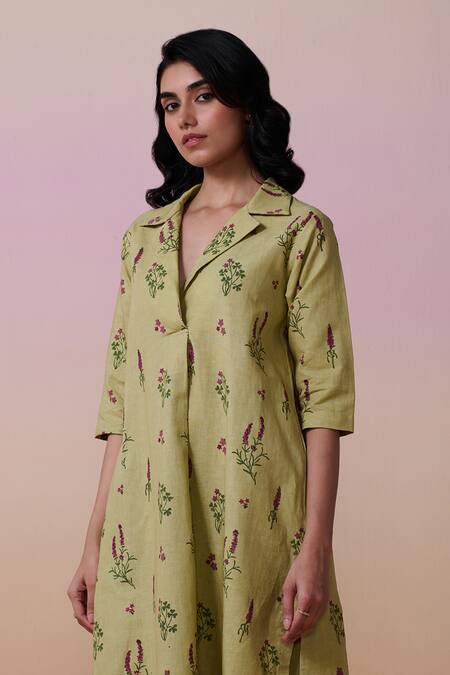 Buy Dressfolk Green Linen, Cotton Collared Sage Floral Print Kurta Set Buy_Dressfolk_Green Linen, Cotton Collared Sage Floral Print Kurta Set