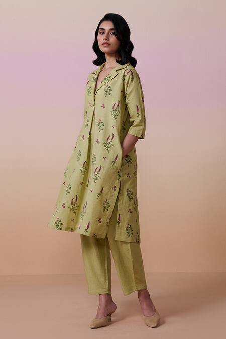Shop Dressfolk Green Linen, Cotton Collared Sage Floral Print Kurta Set Shop_Dressfolk_Green Linen, Cotton Collared Sage Floral Print Kurta Set
