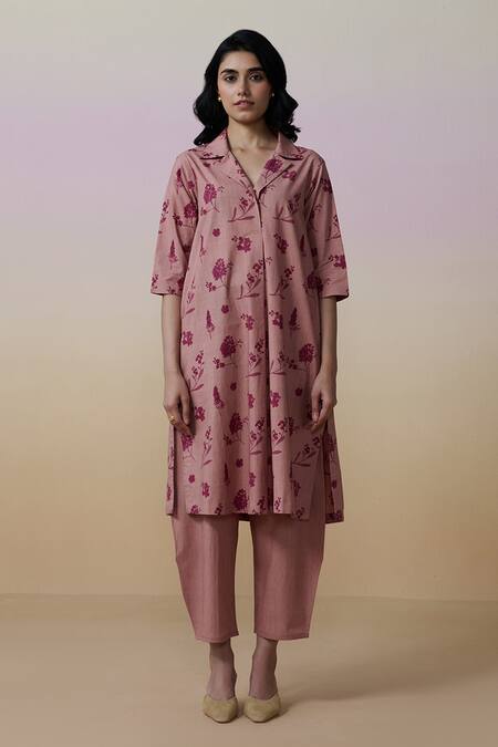 Dressfolk_Pink Poplin Collared Onion Hand Block Printed Kurta Set_Online_at_Aza_Fashions