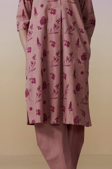 Buy_Dressfolk_Pink Poplin Collared Onion Hand Block Printed Kurta Set_Online_at_Aza_Fashions