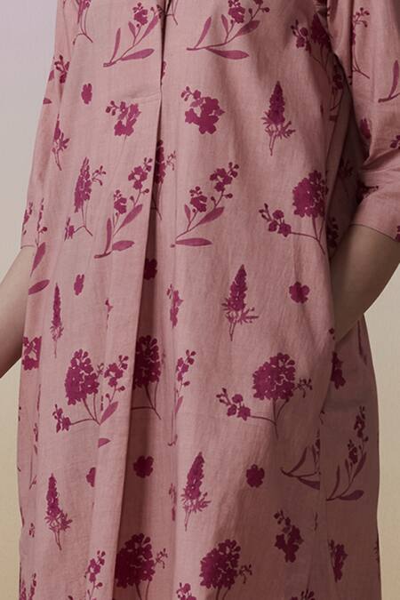 Dressfolk_Pink Poplin Collared Onion Hand Block Printed Kurta Set_at_Aza_Fashions