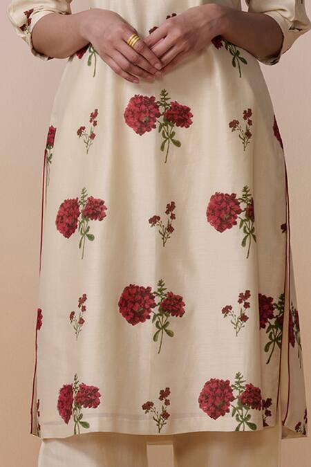 Dressfolk_Ivory Chanderi V-neck Floral Print Kurta Set_Online_at_Aza_Fashions