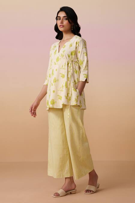 Dressfolk Ivory Cotton Embroidery Open Neck Floral Print Tunic And Pant Set Online at Aza Fashions Dressfolk_Ivory Cotton Embroidery Open Neck Floral Print Tunic And Pant Set_Online_at_Aza_Fashions