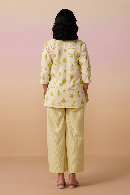 Shop Dressfolk Ivory Cotton Embroidery Open Neck Floral Print Tunic And Pant Set at Aza Fashions Shop_Dressfolk_Ivory Cotton Embroidery Open Neck Floral Print Tunic And Pant Set_at_Aza_Fashions