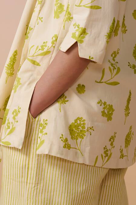 Shop Dressfolk Ivory Cotton Embroidery Open Neck Floral Print Tunic And Pant Set Online at Aza Fashions Shop_Dressfolk_Ivory Cotton Embroidery Open Neck Floral Print Tunic And Pant Set_Online_at_Aza_Fashions