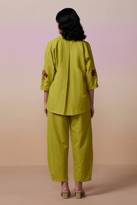 Shop Dressfolk Lavender Linen, Cotton Embroidery Lime Green Hand Block Tunic And Pant Set at Aza Fashions Shop_Dressfolk_Lavender Linen, Cotton Embroidery Lime Green Hand Block Tunic And Pant Set_at_Aza_Fashions