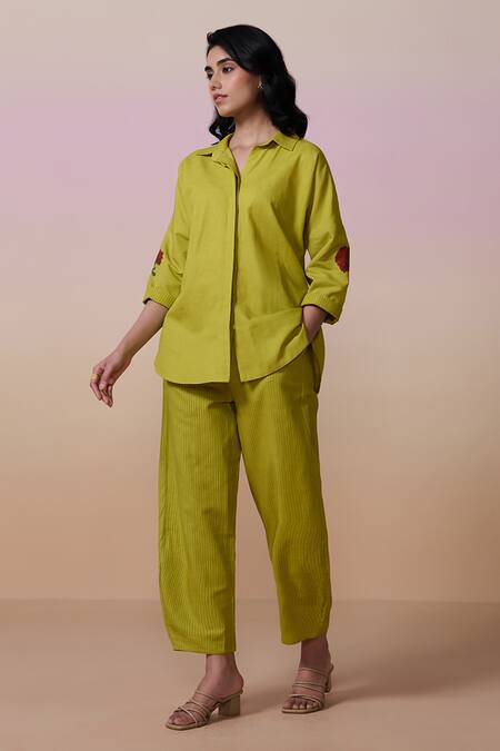 Dressfolk Lavender Linen, Cotton Embroidery Lime Green Hand Block Tunic And Pant Set Online at Aza Fashions Dressfolk_Lavender Linen, Cotton Embroidery Lime Green Hand Block Tunic And Pant Set_Online_at_Aza_Fashions