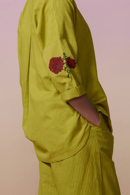 Buy Dressfolk Lavender Linen, Cotton Embroidery Lime Green Hand Block Tunic And Pant Set Online at Aza Fashions Buy_Dressfolk_Lavender Linen, Cotton Embroidery Lime Green Hand Block Tunic And Pant Set_Online_at_Aza_Fashions