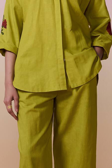 Shop Dressfolk Lavender Linen, Cotton Embroidery Lime Green Hand Block Tunic And Pant Set Online at Aza Fashions Shop_Dressfolk_Lavender Linen, Cotton Embroidery Lime Green Hand Block Tunic And Pant Set_Online_at_Aza_Fashions
