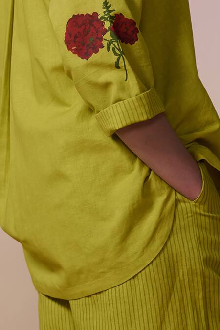 Dressfolk Lavender Linen, Cotton Embroidery Lime Green Hand Block Tunic And Pant Set at Aza Fashions Dressfolk_Lavender Linen, Cotton Embroidery Lime Green Hand Block Tunic And Pant Set_at_Aza_Fashions