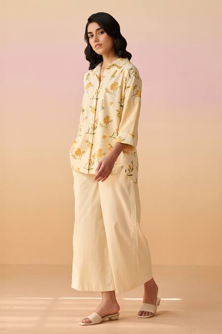 Buy_Dressfolk_Yellow Cotton Collared Floral Print Tunic And Pant Set_Online_at_Aza_Fashions