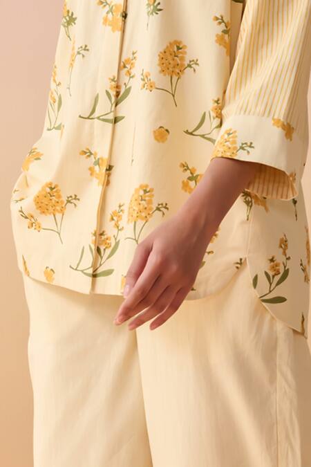 Shop_Dressfolk_Yellow Cotton Collared Floral Print Tunic And Pant Set_Online_at_Aza_Fashions