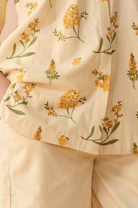 Dressfolk_Yellow Cotton Collared Floral Print Tunic And Pant Set_at_Aza_Fashions