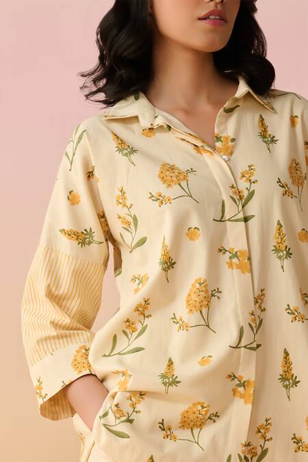 Buy_Dressfolk_Yellow Cotton Collared Floral Print Tunic And Pant Set