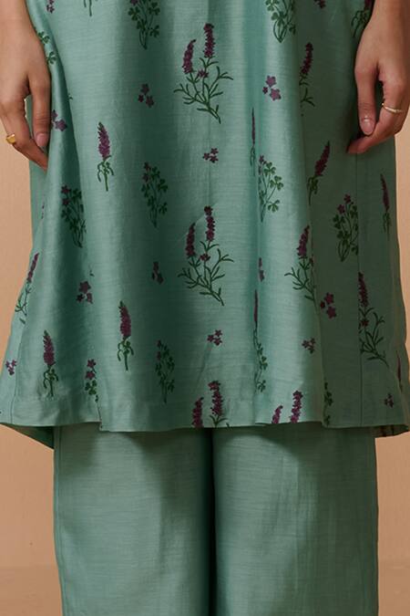 Buy_Dressfolk_Teal Chanderi Round Neck Hand Block Printed Kurta Set_Online_at_Aza_Fashions