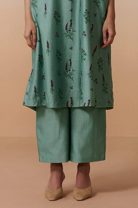 Shop_Dressfolk_Teal Chanderi Round Neck Hand Block Printed Kurta Set_Online_at_Aza_Fashions