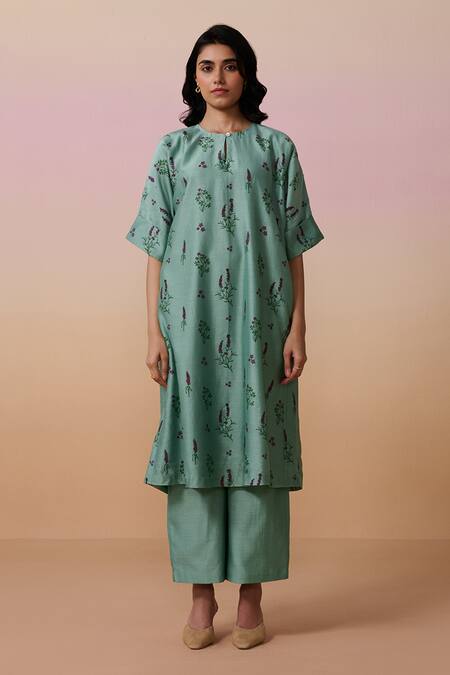 Dressfolk_Teal Chanderi Round Neck Hand Block Printed Kurta Set_at_Aza_Fashions