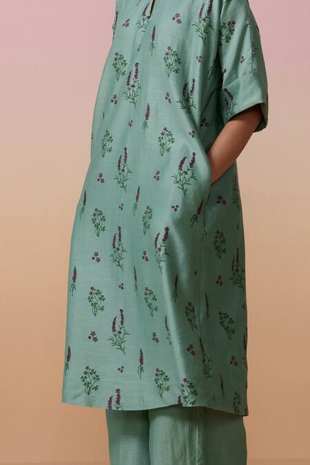 Buy_Dressfolk_Teal Chanderi Round Neck Hand Block Printed Kurta Set