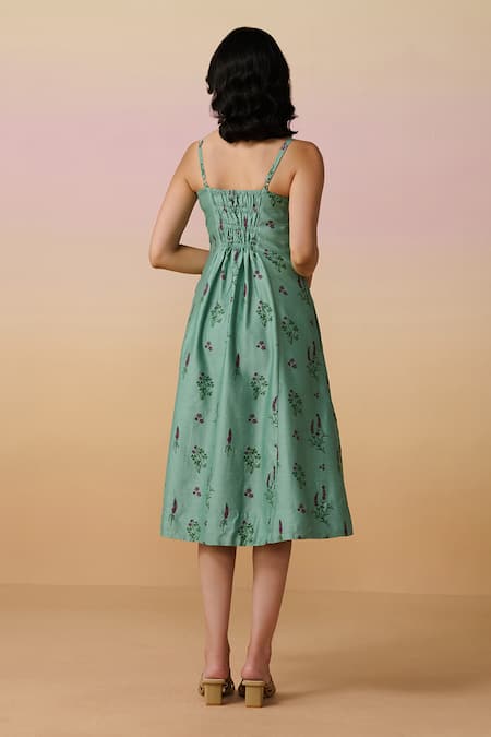 Shop Dressfolk Teal Chanderi Open Neck Hand Block Floral Midi Dress at Aza Fashions Shop_Dressfolk_Teal Chanderi Open Neck Hand Block Floral Midi Dress _at_Aza_Fashions