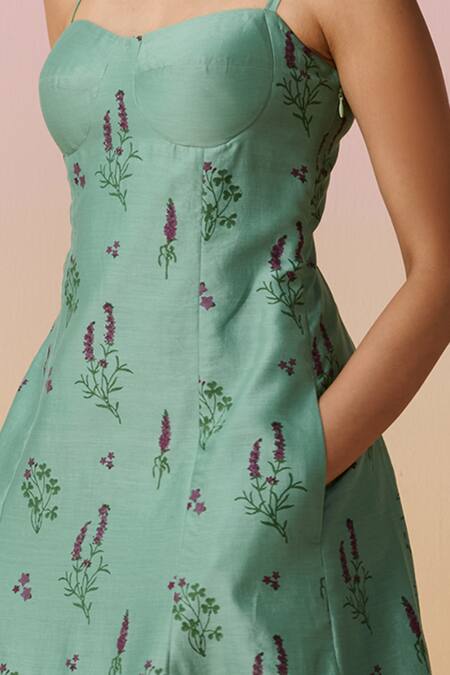 Dressfolk Teal Chanderi Open Neck Hand Block Floral Midi Dress Online at Aza Fashions Dressfolk_Teal Chanderi Open Neck Hand Block Floral Midi Dress _Online_at_Aza_Fashions