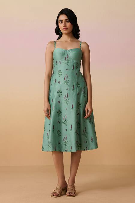 Buy Dressfolk Teal Chanderi Open Neck Hand Block Floral Midi Dress Online at Aza Fashions Buy_Dressfolk_Teal Chanderi Open Neck Hand Block Floral Midi Dress _Online_at_Aza_Fashions